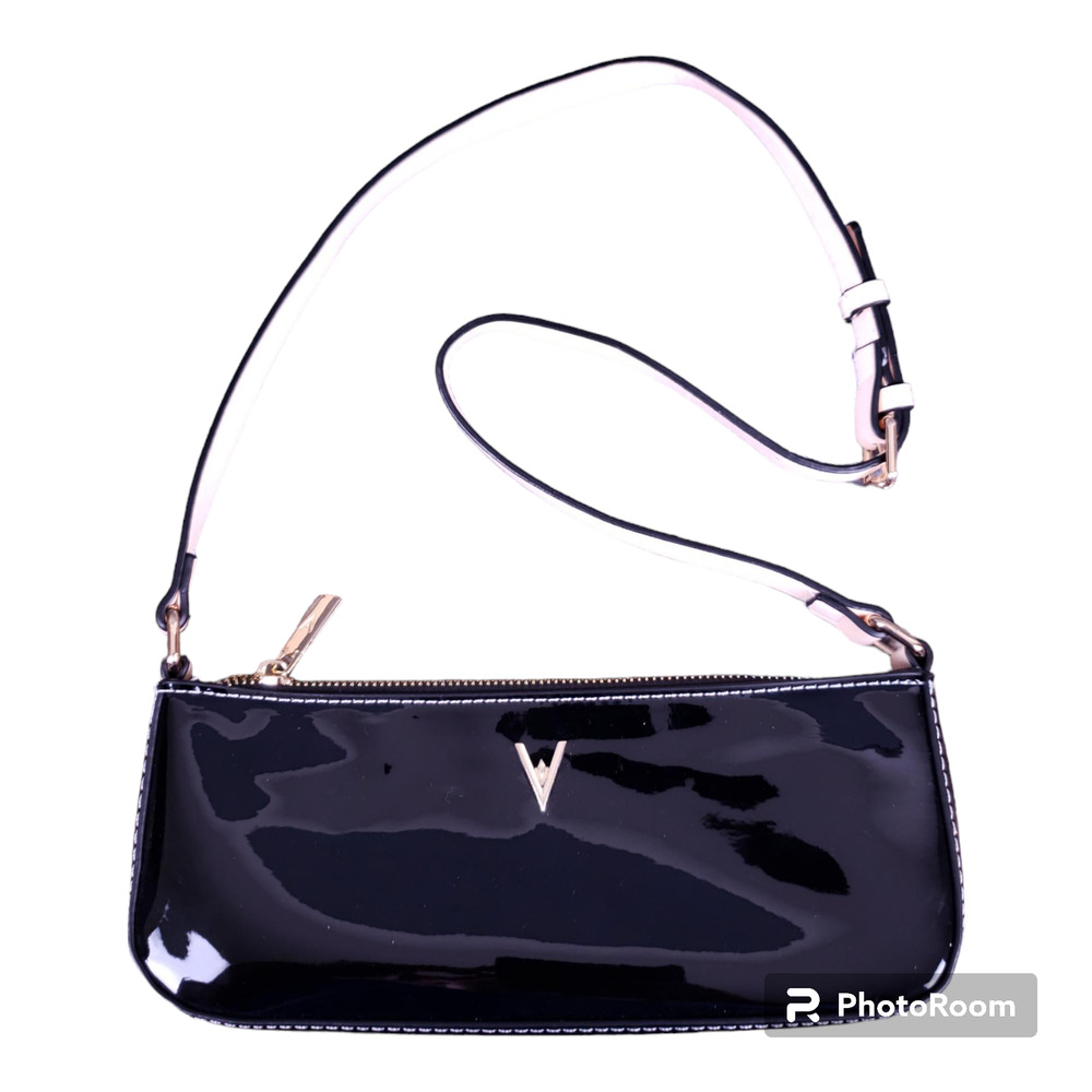 Vanessa Williams Patent Leather Crossbody Baguette Purse Black Beige Chic